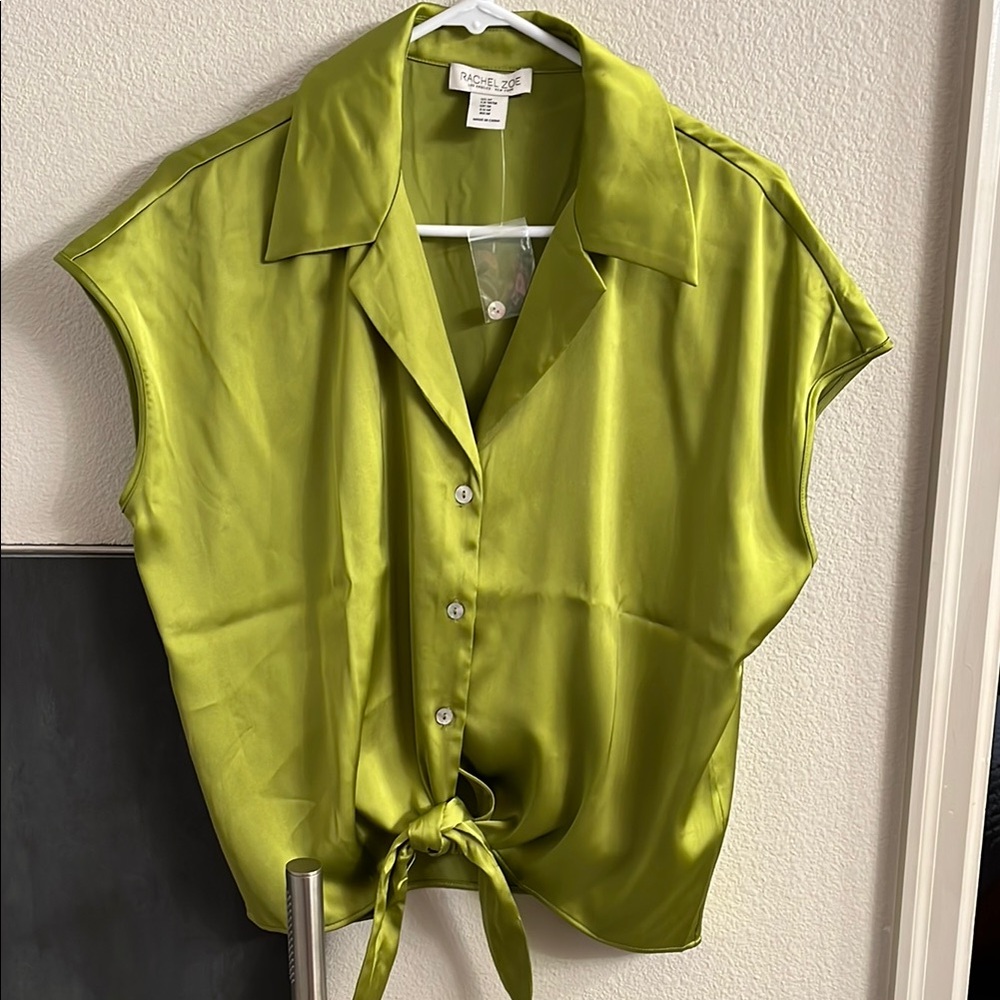Rachel Zoe Lime Button-Down Tie-Front Satin Shirt